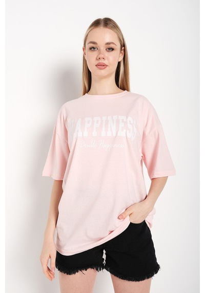 Flood Of Style Kadın Pudra Pembe Happıness Baskılı Oversize Tshirt