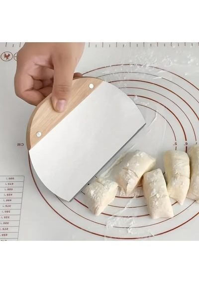 Paslanmaz Çelik Hamur Kesici Ve Kazıyıcı Ölçekli, Meşe Saplı, Ergonomik Tasarım, Mutfak Ekmek Ve Pizza Hamuru Bölücü, 15.5 X 11 Cm 0