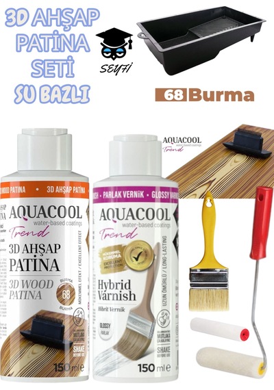 3d Ahşap Patina Seti Su Bazlı 150 Ml- Parlak Vernik 150 Ml - Boya Tavası Fırça Rulo Doku Tarağı Seti 0000 Naturel