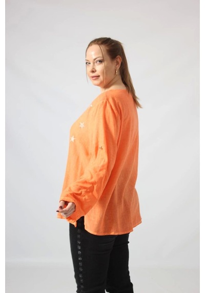 Moda Berray 3294 Turuncu Yıldız Baskılı Organik Keten Kumaş Mevsimlik Gömlek Turuncu