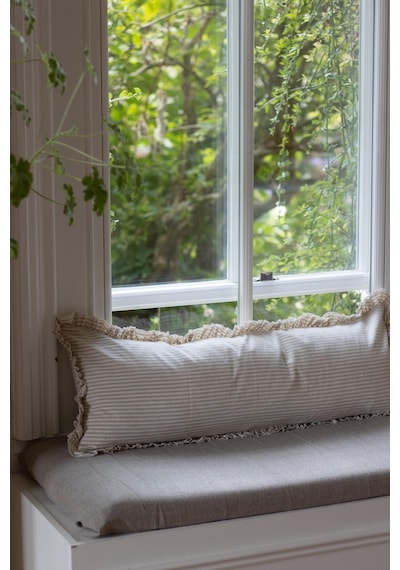 Fırfırlı Vintage Naturel Bej Çizgili Iskandinav Uzun 40x100 Kırlent Yastık İçi Dolgulu