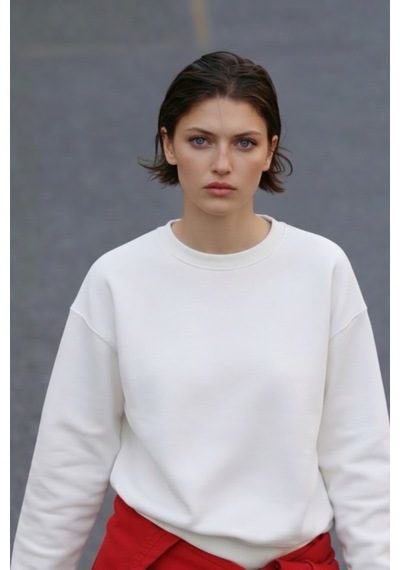 Feg Store Kadın Bisiklet Yaka Beyaz Oversize Sweatshirt
