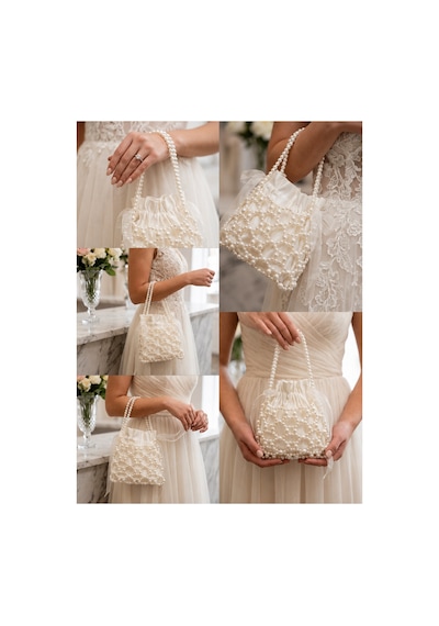 Nagihome El Yapımı İnci İşlemeli Kadın Çantası Gelin, Nişan, Davet Ve Günlük Kullanım Pearl Bag Ekru