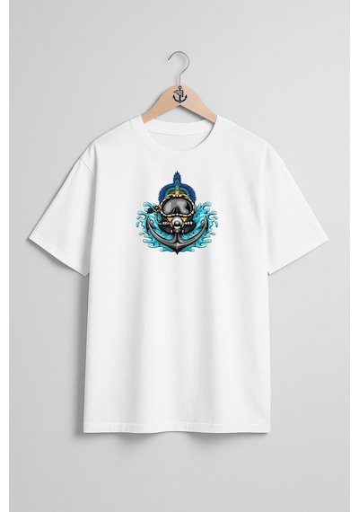 Oversize Çapa Ve Dalış Başlığı Göğüs Tasarımlı Unisex T-shirt Beyaz