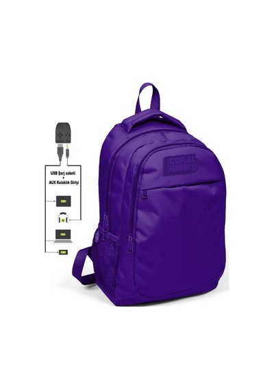 Coral High Kids Mor Üç Bölmeli Usb Şarjlı Kulaklık Çıkışlı Sırt Çantası