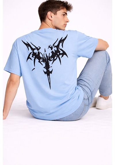 Nevermind Oversize Erkek Tişört Arkası Baskılı Streetwear Siyah Grafik Back Mavi