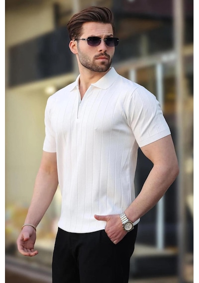 Rıbana Classıc Polo Yaka Çizgili Fermuarlı Erkek T-shirt Beyaz