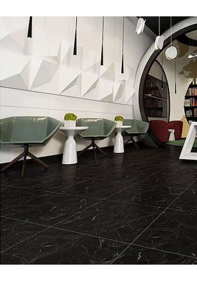 60cmx60cm Siyah Mermer Desenli Pvc-lvt Yapışkanlı Yer Kaplama Paneli Kauçuklu Floor Banyo Wc S74p Siyah