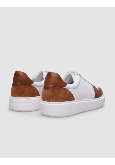 %100 Hakiki Deri Beyaz - Taba Bağcıklı Erkek Sneaker Beyaz