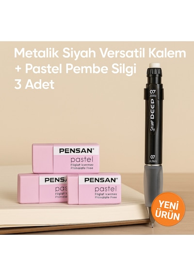 Metalik Siyah Versatil Kalem + Pastel Pembe Silgi 3 Adet Siyah