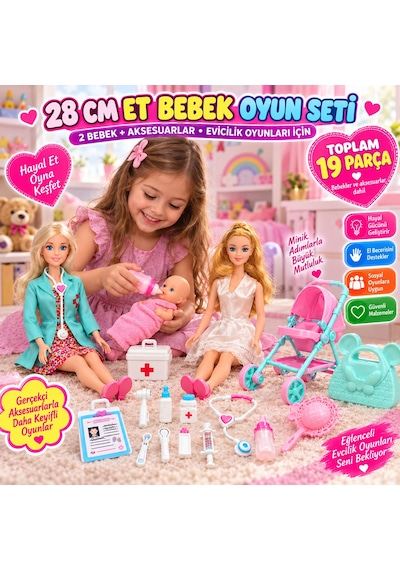 Oyuncak Doktor Hemşire Et Bebek Anne Bebek Oyun Seti 19 Parça Aksesuarlı Evcilik Oyunu Açık Pembe - Beyaz