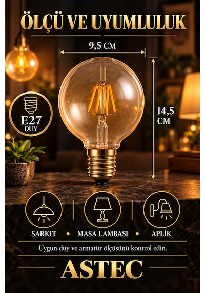 Astec E27 Glop 6 Watt Filament Ampul Amber Işık Dekoratif Filament Led Tombul Ampul