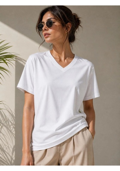 Wear Vexel Kadın V Yaka Basic Tişört Kısa Kol Yazlık Regular Fit T-shirt - Beyaz Beyaz