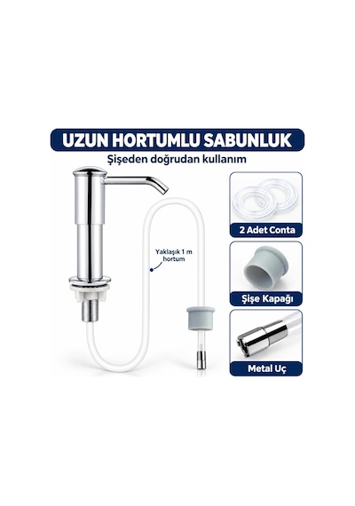 Ankastre Sıvı Sabunluk Pompası Süngerlikli Uzun Hortumlu Krom Mutfak Sabun Dispenseri Gümüş