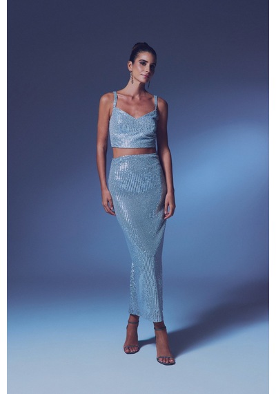 Sateen Fermuarlı Karolin Midi Etek - Gümüş-135352 Gümüş