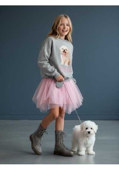 Kız Çocuk Pamuklu Köpek Baskılı Oversize Tasarım Sweatshirt-16472 Vizon