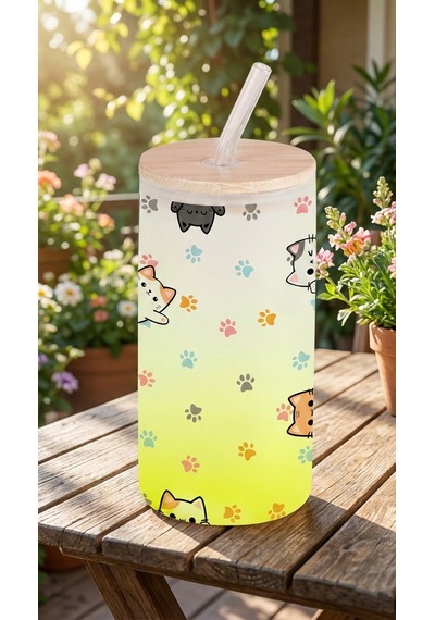 Sevimli Kedi Figürlü Buzlu Cam Suluk 600 Ml Cam Pipetli & Bambu Kapaklı Sarı