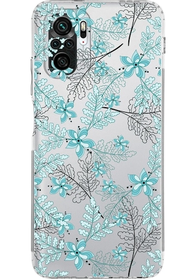 Xiaomi Redmi Note 10s Kamera Korumalı Kapak Floral Su Yeşili Tasarımlı Şeffaf Kılıf
