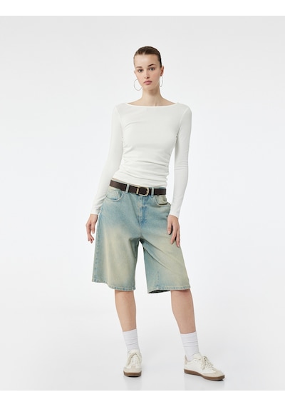 Koton Pamuklu Slim Fit Büzgülü Kayık Yaka Uzun Kollu Tişört Ekru 7wal10134ık