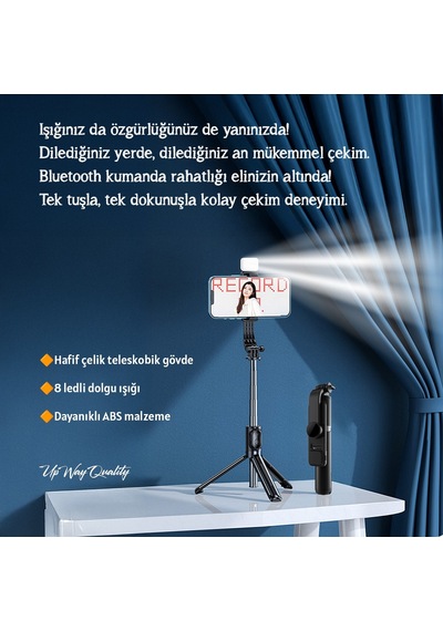 Upway Bluetoothlu Kumandalı Led Işıklı Teleskobik Katlanabilir Özçekim Tripodu