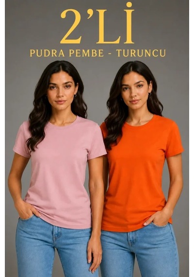 Hazego Basic Bisiklet Yaka Yazlık Slim Fit T-shirt - Pudra Pembe - Turuncu Çok Renkli Hazego Basic Bisiklet Yaka Yazlık Slim Fit T-shirt - Pudra Pembe - Turuncu Çok Renkli