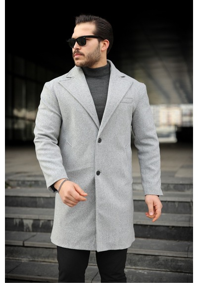 Slim Fit Astarlı Uzun Kaşe Kaban Orta Gri