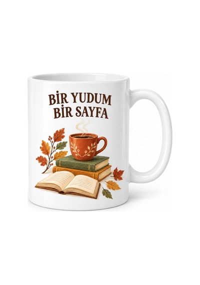Bir Yudum Bir Sayfa Kitap Ve Kahve Temalı Porselen Kupa - Sonbahar Tasarımı - Model 257