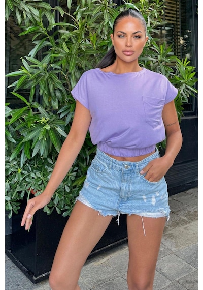 Kadın Lila Yarım Kol, Geniş Yaka, Tek Cepli, Beli Lastikli Rahat Crop Bluz Lila