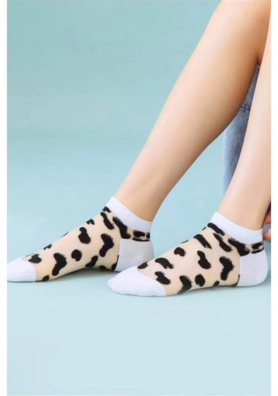 Hitit Socks Kadın 5 Çift İnek Desenli Tül Çorap Beyaz Siyah Beyaz