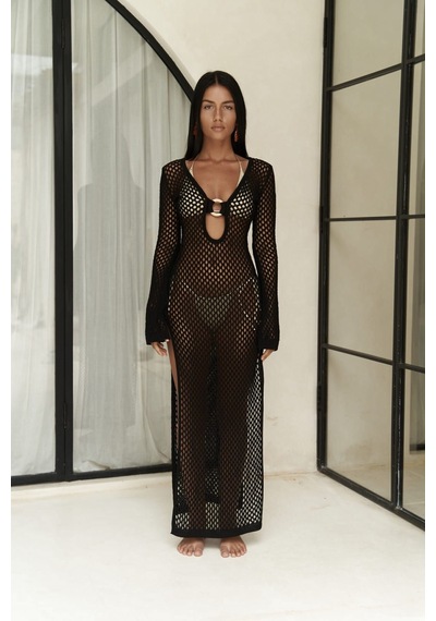 Mai Collection Mai Studios Co. Seyşeller Ahşap Halka Detay Siyah Triko Elbise siyah