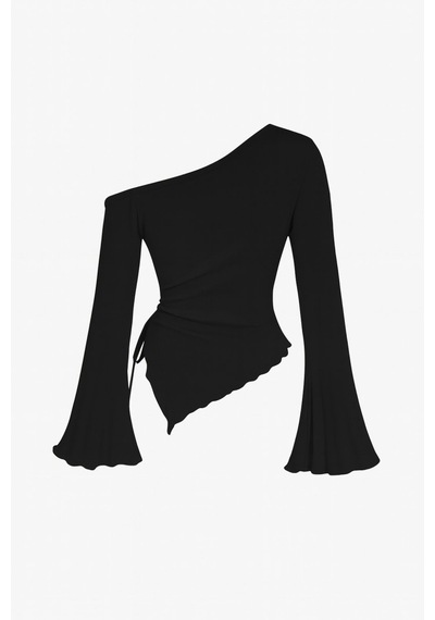 Beru Kadın Siyah Uzun İspanyol Kollu Asimetirik Yaka Yandan Bağlamalı Drapeli Bluz L - XL