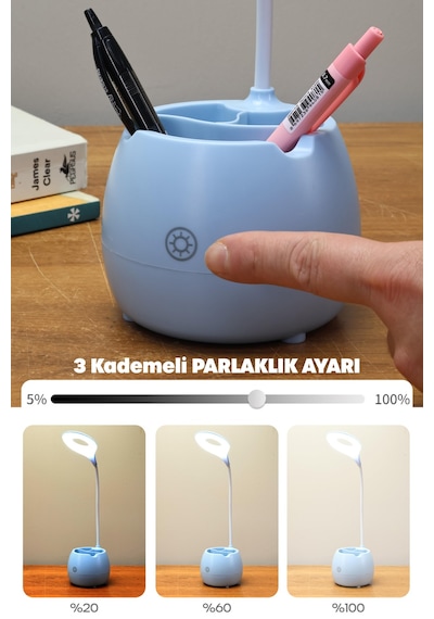 Şarjlı Masa Lambası Işık Ayarlanabilir Kalemlik Telefon Stand Ders Çalışma Okuma Işığı 0620 Turkuaz Turkuaz