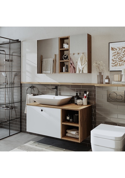 Lotus Lavabolu Mdf 95 Cm Banyo Dolabı + Aynalı Üst Dlp Atlantik Çam - Beyaz
