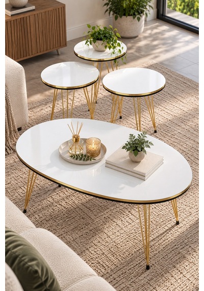 Sulorahome Gold Tel Ayaklı Beyaz 4'lü Sehpa Seti Beyaz - Altın