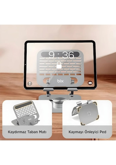 Bix Ps01 360 Dönebilen Isı Dağıtımlı Katlanabilir Metal Tablet Standı Apple Uyumlu iPad Tutucu Gri