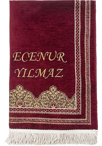 İsme Özel Nakışlı Hediyelik Şönil Namazlık İsimli Seccade Bordo Bordo
