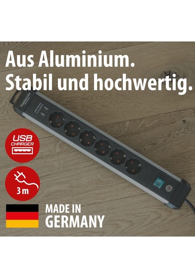 Brennenstuhl Premium-alu-line Çoklu Priz, Usb/çoklu Priz, 6 Bölmeli, Yüksek Kaliteli Alüminyum 3 M Kablolu Ve Şalterli Priz, 2 Bölmeli Usb 3,1 A, Almanya'da Üretilmiştir