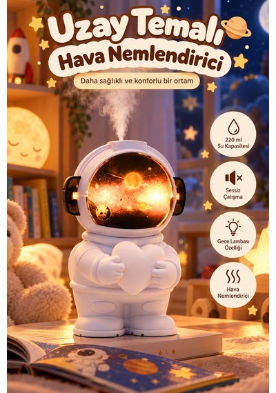 Exenar - Beyaz - Çocuk Odası Nemlendirci Gece Lambası Astronot Tasarımlı Hava Nemlendirici 220 Ml İnce Buhar Teknolojili Dekoratif