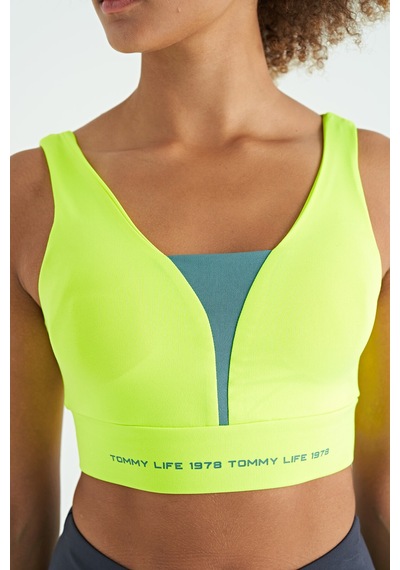 Tommy Life Neon Sarı Yazı Baskılı Renk Bloklu Dar Kalıp Dalgıç Kumaş Kadın Büstiyer - 97271 Neon Sarı