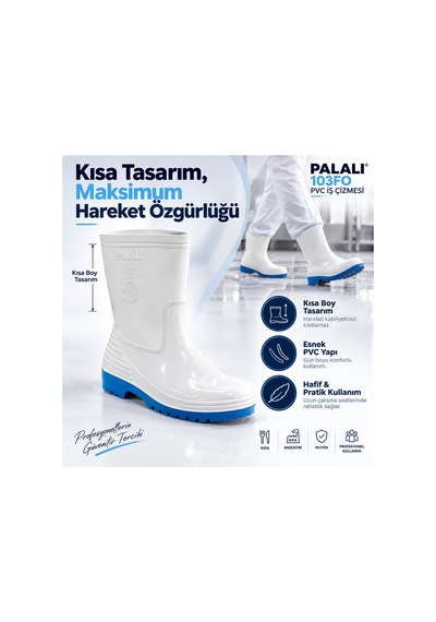 103fo Kısa Beyaz Pvc Su Geçirmez İş Çizmesi Gıda Hijyen Sanayi Mutfak Çizmesi Palalı 103 Fo
