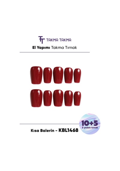 15'li Kırmızı Kısa Balerin Kbl1468 Tekrar Kullanılabilir El Yapımı Protez Takma Tırnak Xs
