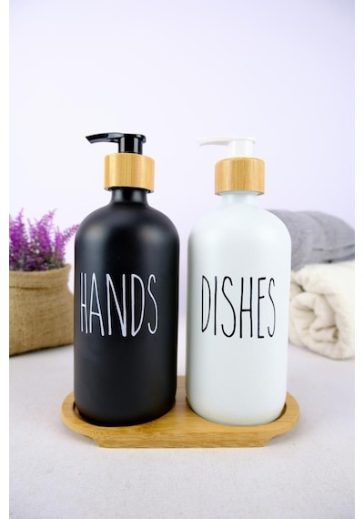 Digithome 2 Li Ahşap Standlı Cam Sıvı Sabun Ve Bulaşık Deterjanı Şişesi Sabunluk 500 Ml - E/6 C1-1-289