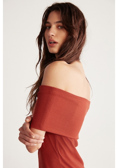 Grımelange Julene Kadın Esnek Fitilli Kumaşlı Bardot Yaka Bodycon Vücüdu Saran Midi Kiremit Rengi Elbise