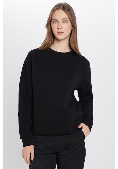 Tudors Unisex Oversize Geniş Kesim Pamuklu Yumuşak Dokulu İçi Polarlı Basic Siyah Bisiklet Yaka Sweatshirt-23342 Siyah