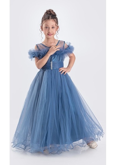 Mnk Baby & Kids Uzun Etek Kız Çocuk Robası Şifon Abiye M00723 İndigo