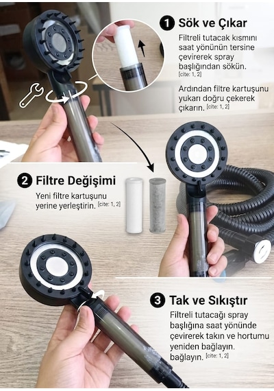 Filtreli Masajlı Duş Başlığı Su Arıtmalı, Klor Ve Kireç Önleyici, Yüksek Basınçlı Mat - Siyah