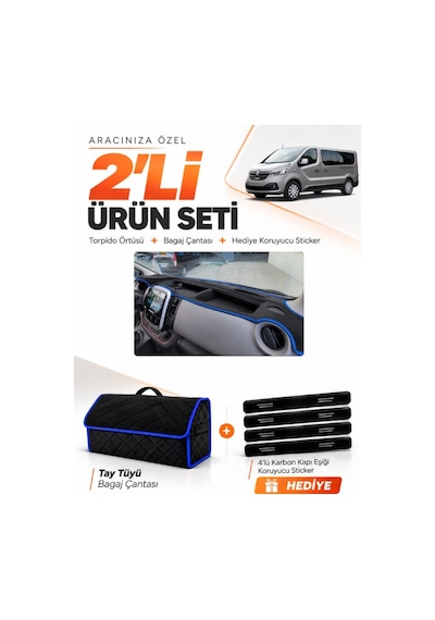 Renault Trafıc Kapaksız 2015-2022 Uyumlu Torpido Örtüsü + Tay Tüyü Bagaj Çantası Seti - Siyah Mavi