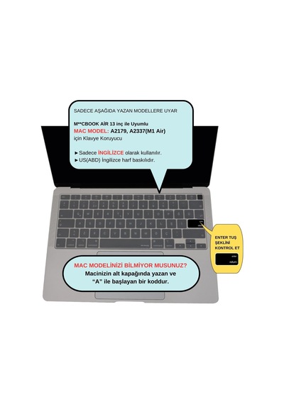 Us İngilizce Klavye Koruyucu Macbook Air 13 A2179 A2337 M1 Uyumlu Us Ansı Amerikan Düz Enter