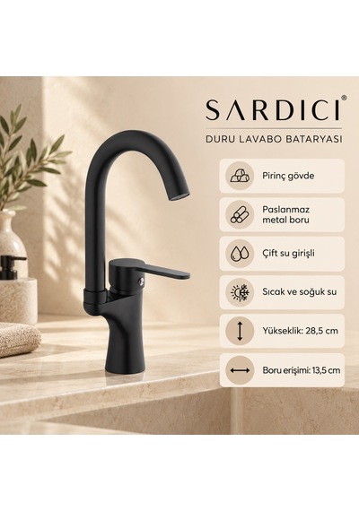 Sardıcı Duru Siyah Lavabo Bataryası Pirinç Gövde Çift Su Girişli Tam Takım Krom
