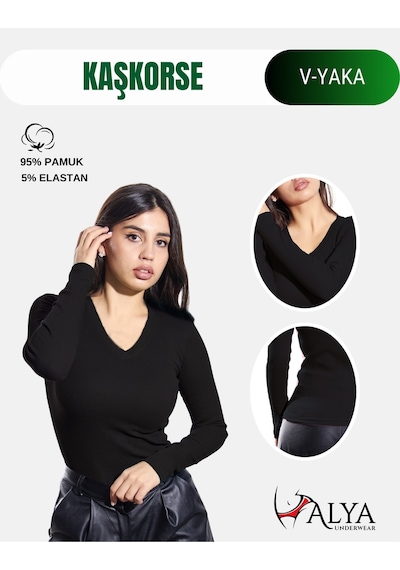 Alya Underwear Pamuklu Kaşkorse V Yaka Body Sweatshirt, Fitilli Kumaş Likralı Bluz, Asker Yeşili Badi SIYAH
